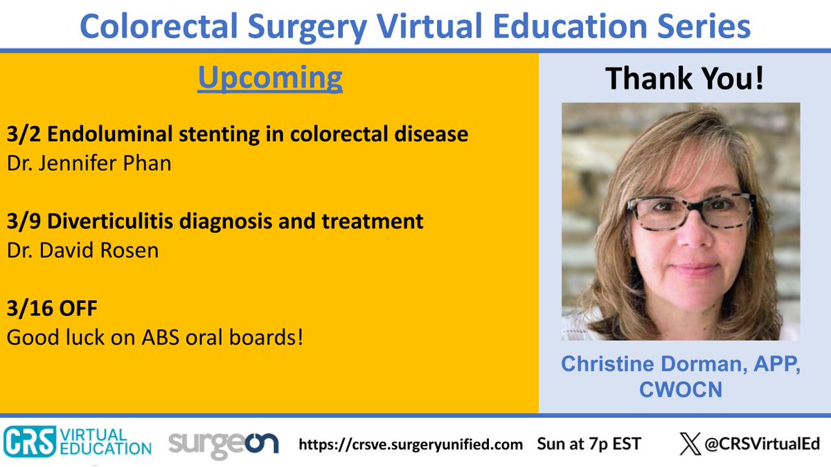 CRSVirtualEd (@crsvirtualed) on Twitter photo Thank you again to Christine Dorman for the great educational section on how to troubleshoot ostomies!
π Coming soon βΌοΈ
~ Endoluminal stenting
~ Diverticulitis
<a href="/MSKCancerCenter/">Memorial Sloan Kettering Cancer Center</a>
#ForFellowsByFellows #CRSVE Thank you again to Christine Dorman for the great educational section on how to troubleshoot ostomies!
π Coming soon βΌοΈ
~ Endoluminal stenting
~ Diverticulitis
<a href="/MSKCancerCenter/">Memorial Sloan Kettering Cancer Center</a>
#ForFellowsByFellows #CRSVE