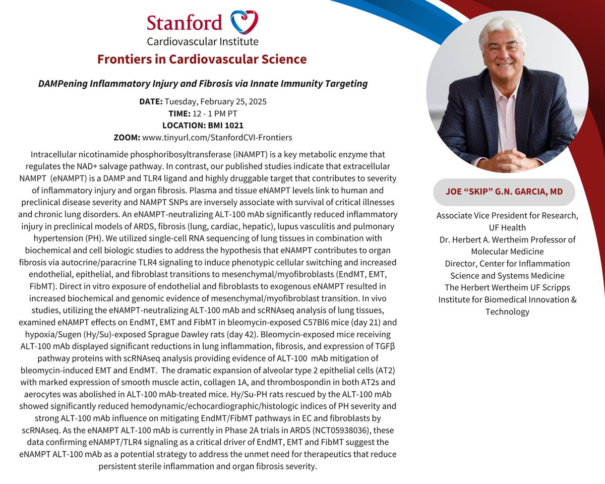Joseph C Wu, MD, PhD (@joseph_c_wu) on Twitter photo Please join <a href="/StanfordCVI/">Stanford CVI</a> seminar Tue 2/25 at 12pm PST by Dr. Joe "Skip" Garcia from <a href="/UFHealth/">UF Health</a> <a href="/UFScripps/">Wertheim UF Scripps</a>
speak on #inflammation #organ #fibrosis
stanford.zoom.us/webinar/registā¦
<a href="/Stanford_ChEMH/">Sarafan ChEM-H</a> <a href="/SeanM_Wu/">Sean M Wu, MD PhD</a> <a href="/BCVSearlyCareer/">Basic Cardiovascular Sciences (BCVS) Early Career</a> <a href="/ATVBEarlyCareer/">ATVB Early Career Committee</a> <a href="/StanCVFellows/">StanfordCVFellowship</a> <a href="/vascularbiology/">NAVBO</a>
<a href="/StanfordPACCM/">Stanford PACCM</a> Please join <a href="/StanfordCVI/">Stanford CVI</a> seminar Tue 2/25 at 12pm PST by Dr. Joe "Skip" Garcia from <a href="/UFHealth/">UF Health</a> <a href="/UFScripps/">Wertheim UF Scripps</a>
speak on #inflammation #organ #fibrosis
stanford.zoom.us/webinar/registā¦
<a href="/Stanford_ChEMH/">Sarafan ChEM-H</a> <a href="/SeanM_Wu/">Sean M Wu, MD PhD</a> <a href="/BCVSearlyCareer/">Basic Cardiovascular Sciences (BCVS) Early Career</a> <a href="/ATVBEarlyCareer/">ATVB Early Career Committee</a> <a href="/StanCVFellows/">StanfordCVFellowship</a> <a href="/vascularbiology/">NAVBO</a>
<a href="/StanfordPACCM/">Stanford PACCM</a>