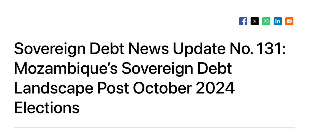 Afronomicslaw (@afronomicslaw) on Twitter photo Sovereign Debt News Update No. 131: Mozambique’s Sovereign Debt Landscape Post October 2024 Elections 
“Undoubtedly, this fragile political environment has significant economic implications, including declining investor confidence, disruptions to economic activities, and a Sovereign Debt News Update No. 131: Mozambique’s Sovereign Debt Landscape Post October 2024 Elections 
“Undoubtedly, this fragile political environment has significant economic implications, including declining investor confidence, disruptions to economic activities, and a