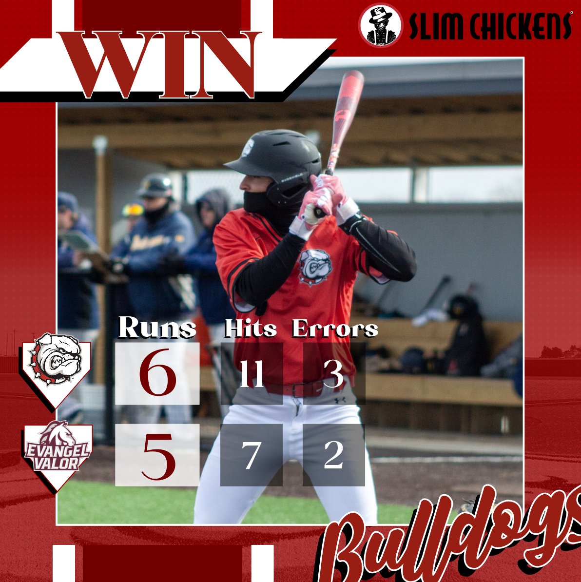 Just needed ONE Extra Frame! BULLDOGS WIN!!!

Luke Nordean comes up clutch with an RBI Single in the top of the 10th while Zach Foote shuts the door in the bottom half to secure a MC victory over Evangel!

#BulldogPride