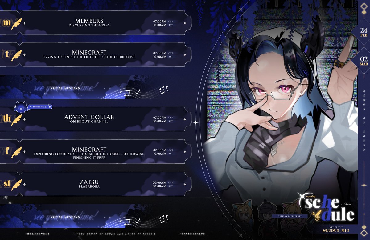 HAPPY WEEK 82!

More Minecraft, we must finish the clubhouse... And an Advent collab, look forward to it!

STREAM GLB: distrokid.com/hyperfollow/ne…
🎼#RissaLIVE 
🎨#RavenCrafts 
🤡#MemeRissa
🎶#RissaMusic
⚠️#holoAdvent