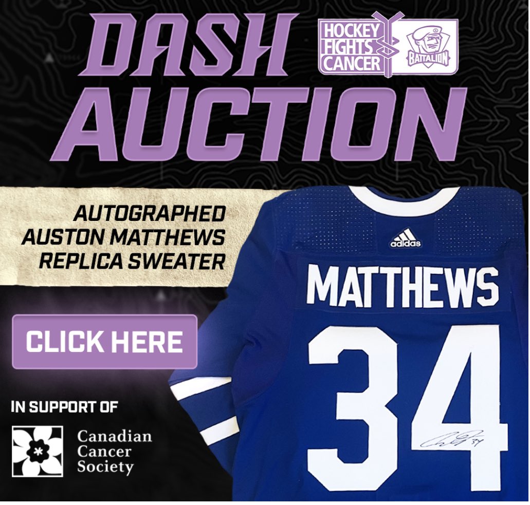 Hey Leafs fans! Bid on this Auston Matthew’s jersey and help raise funds for the <a href="/cancersociety/">Canadian Cancer Society</a>! It’s all part of the <a href="/OHLBattalion/">North Bay Battalion</a> Hockey Fights Cancer game this Friday! 

web.dashapp.io/team/northbayb…