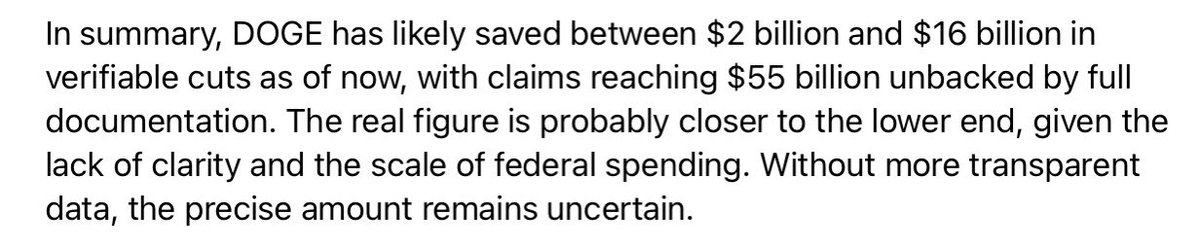 SebastianIto22's tweet image. DOGE has saved between $2 and $16 billion, not $55 billion as they claim according to Grok3.
