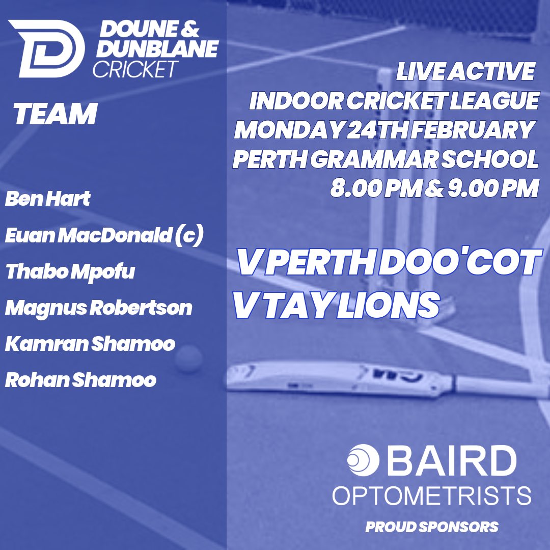 This week our men take on Perth Doo’Cot and Tay Lions.

Go well team!

✨Baird Optometrists are proud sponsors of our men’s team✨

#Dunblane #doune #callander #aberfoyle #Community #cricket #preseason #localbusiness #2025Season #kpknows
