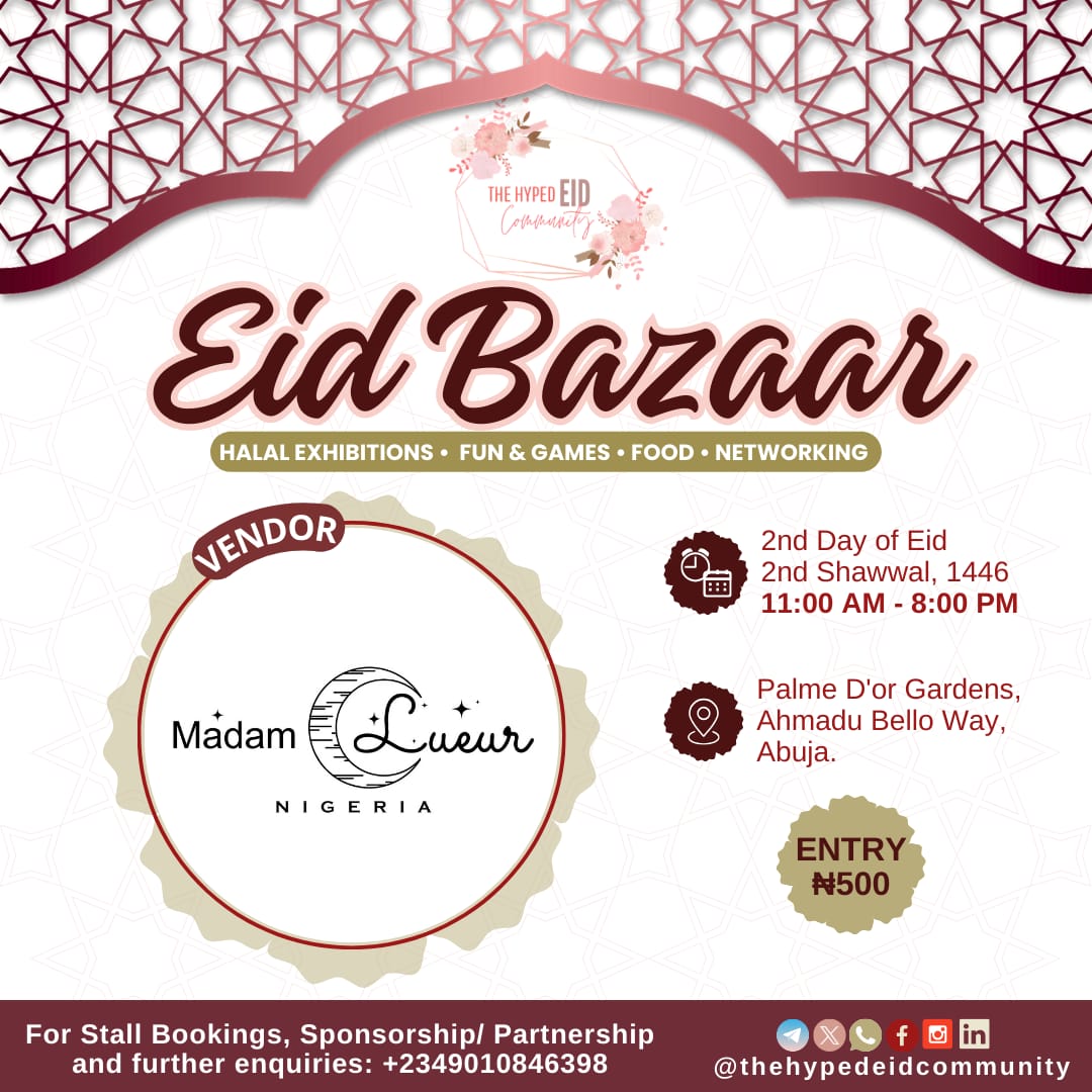 HypedEid's tweet image. @madamlueur will be at #TheHECEidBazaar with their elegant Kaftans and scarves!

Join us at @palme_dor_gardens on the second day of Eid for a day of family fun, shopping and celebration 🎉

#EidCelebration #EidBazaar #AbujaEvents #eid2025 #EidInAbuja #HalalFun #EidParty…
