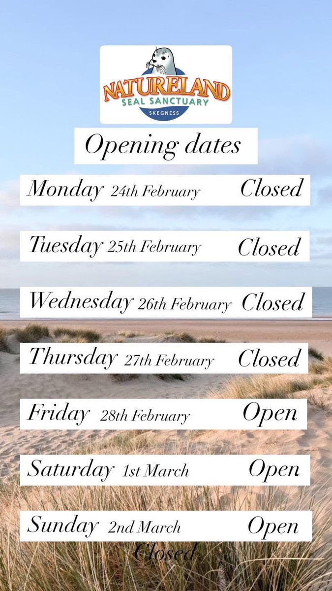 Next weeks opening dates 🦭

10am - 3.30pm last admission (close at 4.30pm)