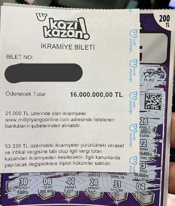 Manisa'da bir vatandaş, 200 TL'lik kazı kazandan 16 milyon TL ikramiye kazandı.
