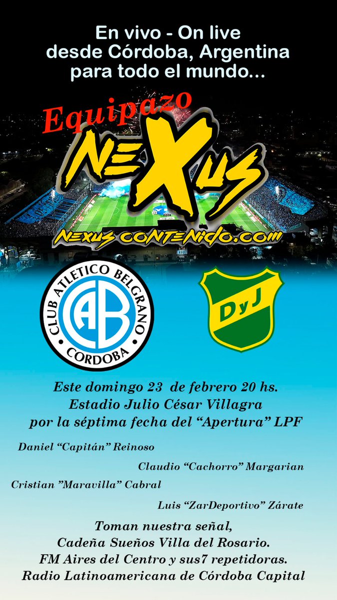 Hoy trasnmitimos BELGRANO vs DEFENSA Y JUSTICIA desde las 21hs por la plataforma de Nexus Contenidos
sonic1.veemesoft.com.ar:8364/stream