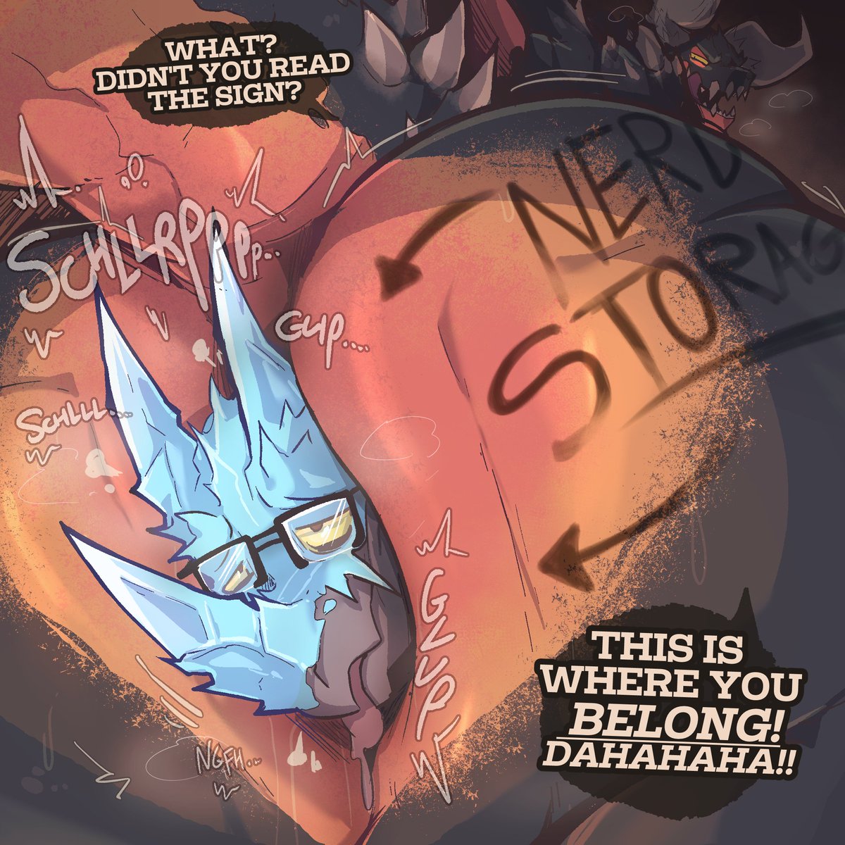 Sluuurrrrrp~ Brutus the Nergigante is showing this nerdy Velkhana EXACTLY where he belongs

🎨: <a href="/Booneyard/">booneyard.bsky.social</a>