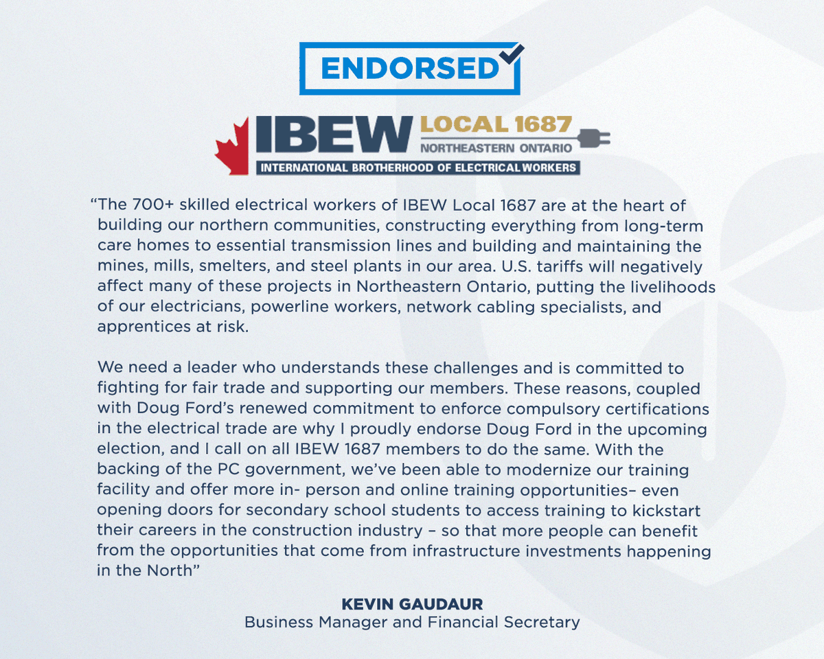 OntarioPCParty's tweet photo. “We need a leader who understands these challenges and is committed to fighting for fair trade and supporting our members.”

We are pleased to receive the endorsement of IBEW Local 1687, who believes in our plan to protect Ontario. https://t.co/5eiACLHZAr