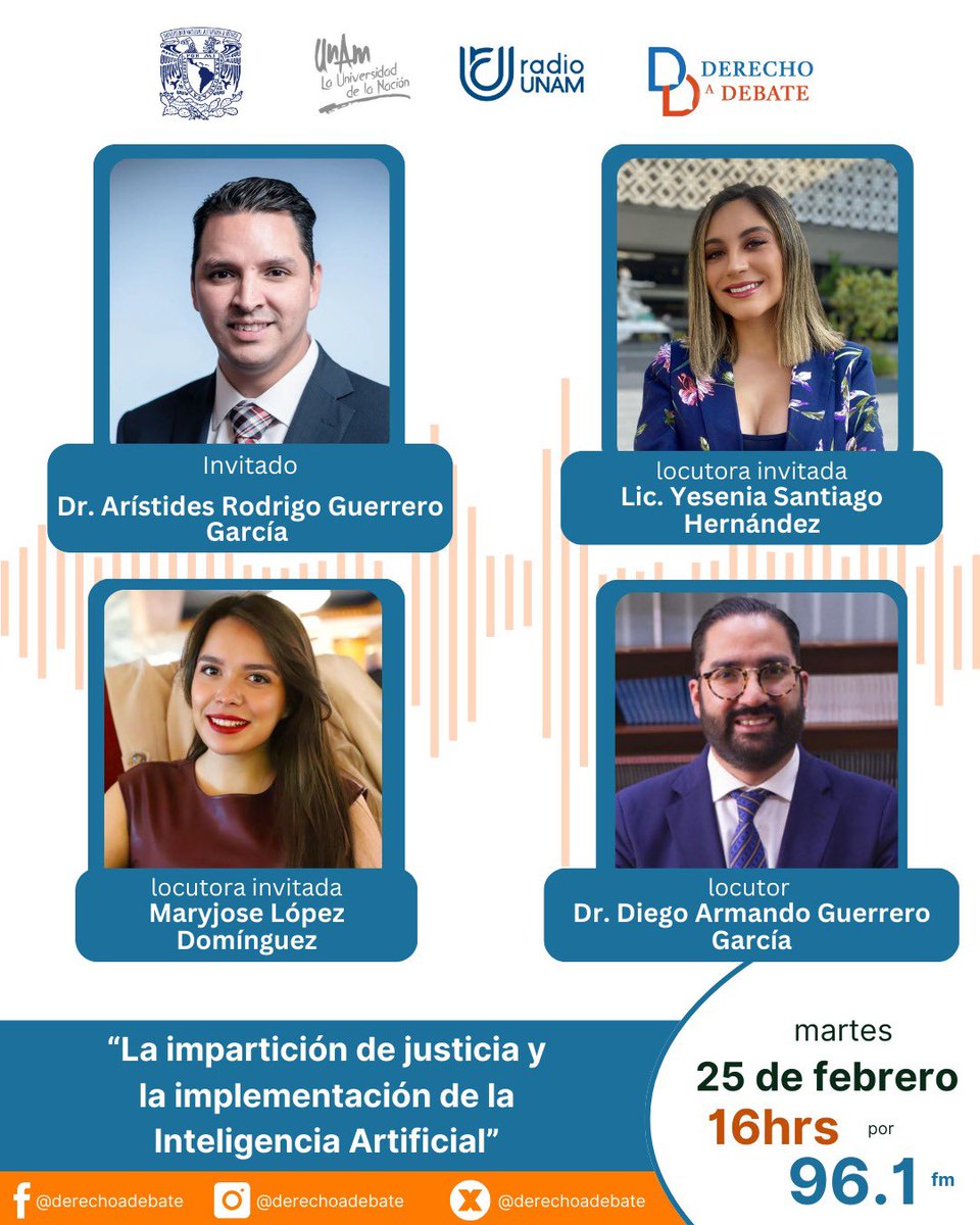 La #ia ha llegado a revolucionar absolutamente todo; y la labor #jurídica ⚖️ no se ha quedado atrás. Este #martes sintoniza <a href="/RadioUNAM/">Radio UNAM</a> para escuchar la charla junto al Dr. <a href="/AristidesRodri/">Arístides Rodrigo Guerrero García</a> 
🎙️ <a href="/DiegoAGuerreroG/">Diego Guerrero</a> <a href="/yes_sanher/">Yesenia Santiago</a> y <a href="/Maryjos_on/">MJ</a>
