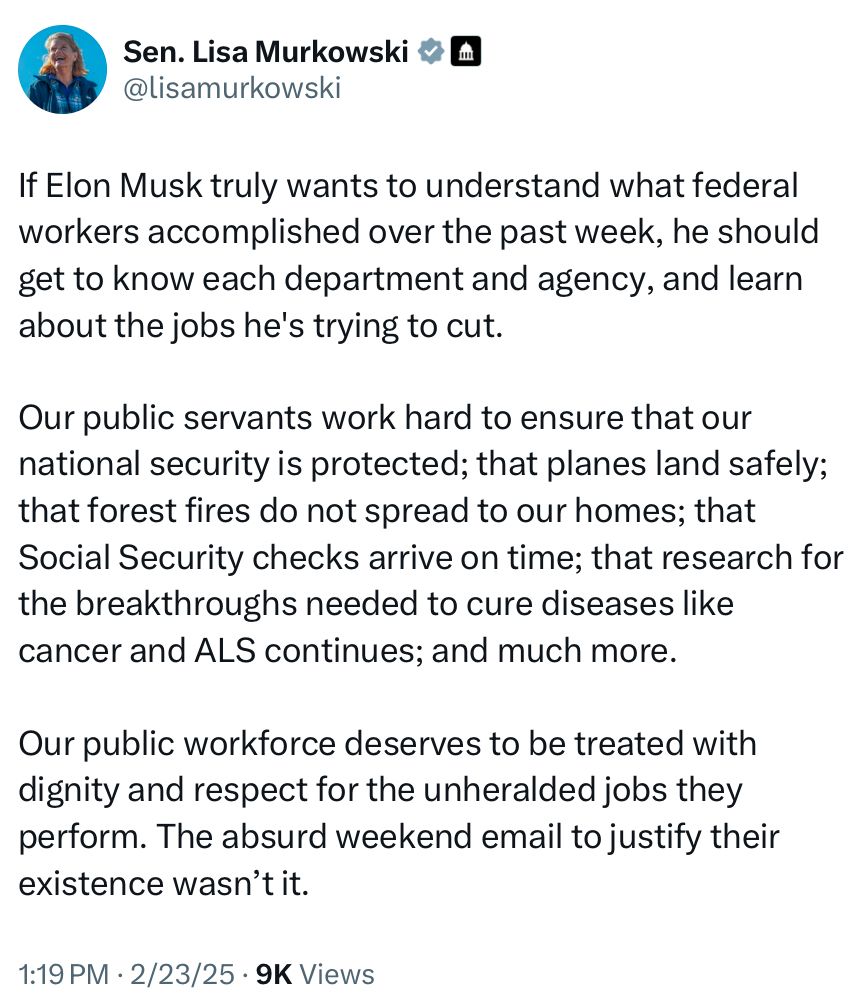 Senator Lisa Murkowski on the DOGE/Elon Musk email to federal employees.