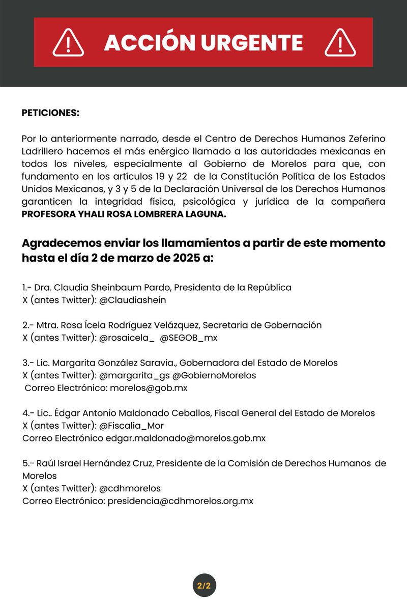 🔴 #AcciónUrgente | Graves amenazas de privación de la vida a la profesora Yhali Rosa Lombrera en el Edo. de Morelos.

#MÁXIMADIFUCIÓN

AU: 02/2025

Hacemos un enérgico llamado a garantizar su integridad:
<a href="/Claudiashein/">Claudia Sheinbaum Pardo</a> <a href="/margarita_gs/">Margarita González Saravia</a> <a href="/rosaicela_/">Rosa Icela Rodríguez Velázquez</a> <a href="/Fiscalia_Mor/">FISCALIA MORELOS</a> <a href="/cdhmorelos/">CDHMORELOS</a>