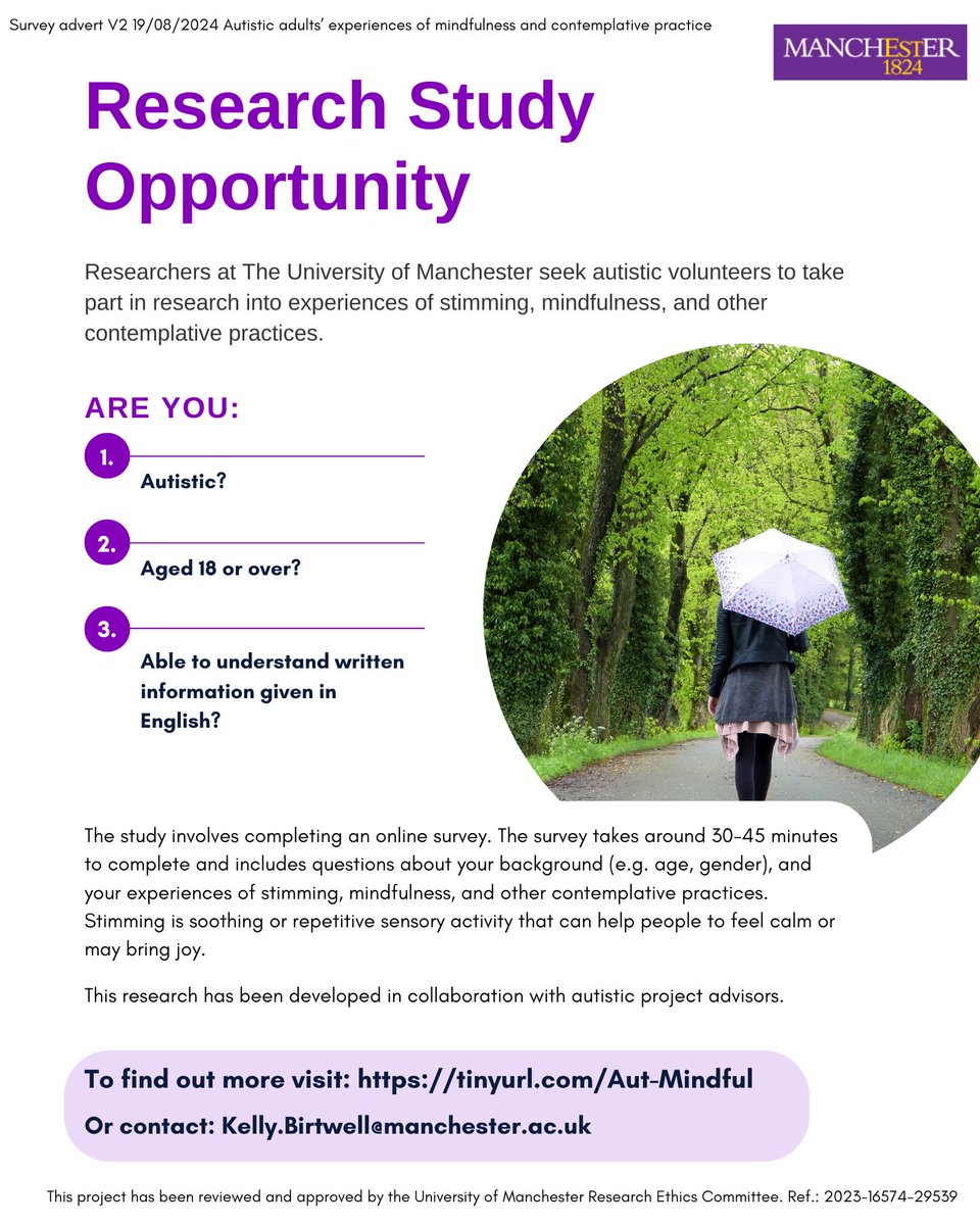 🚨 Online survey about stimming, #mindfulness, and other contemplative practices, open to #autistic adults in any country. To find out more and take part see: tinyurl.com/Aut-Mindful Reposts appreciated <a href="/DrMBotha/">Monique Botha is actually they/them 🤷🏻‍♀️</a> <a href="/Autism_R_and_D/">Rose Matthews Research</a> <a href="/AutismAtMCR/">Autism @ Manchester</a> <a href="/MindfulnessN/">The Mindfulness Network</a> <a href="/mindfulness_au/">Danish Center for Mindfulness, Aarhus University</a>