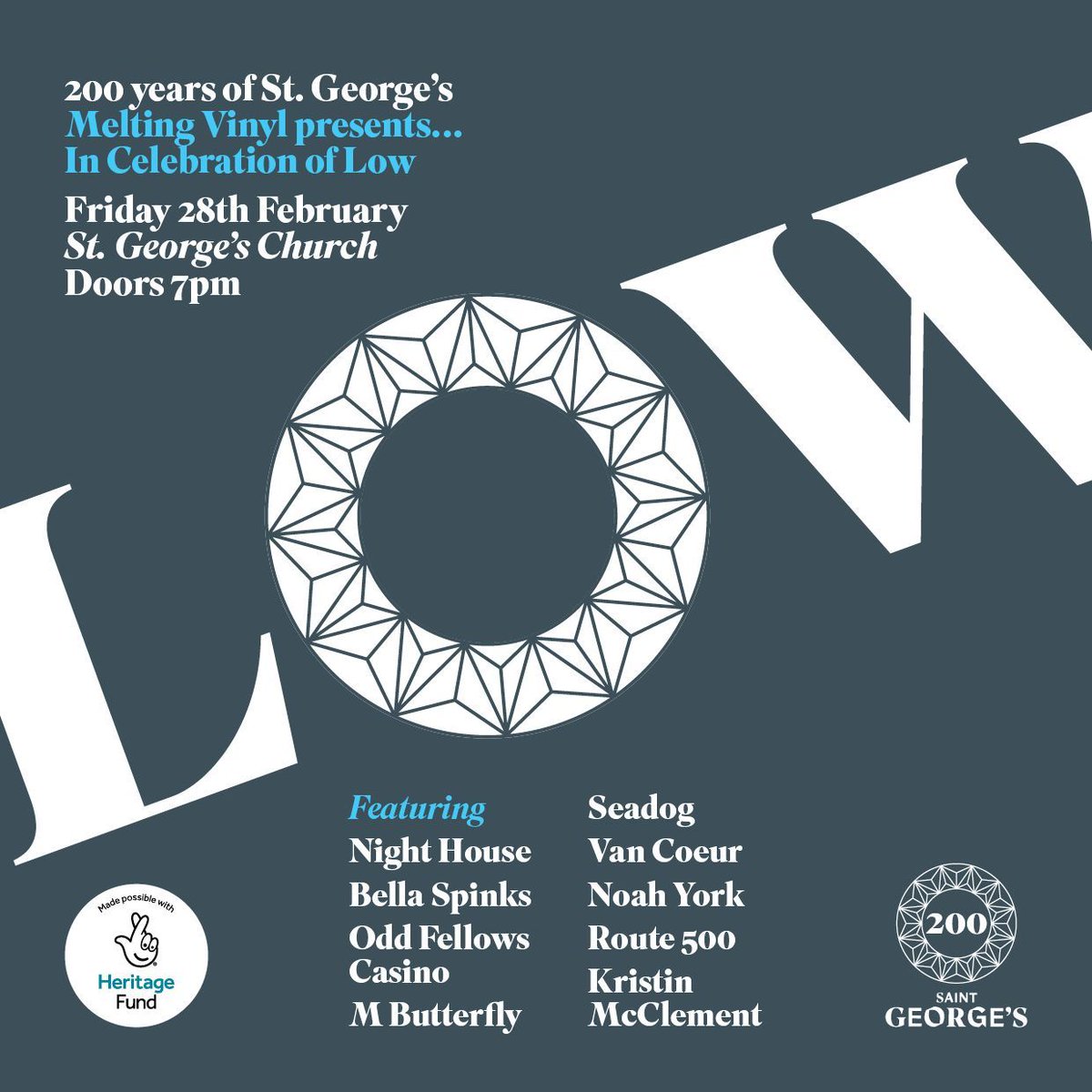 Free to enjoy! ✨ 
In Celebration Of Low at St George's Church <a href="/StGeorgesEvents/">St George's Church</a> on Friday 28th February.
The night will feature many talented Brighton artists: Night House, Bella Spinks, Odd Fellows Casino, M Butterfly and many more:
bit.ly/MeltingVinylTi…