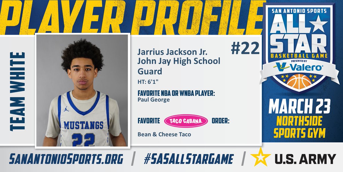 Meet <a href="/jarriusjackson_/">jarrius jackson jr.</a> from <a href="/NISDJay/">John Jay High School</a> who will compete in the San Antonio Sports All-Star Basketball game pres. by <a href="/ValeroEnergy/">Valero</a> at the Northside Sports Gym on March 23rd! #SASAllStarGame #BeAllYouCanBe <a href="/TacoCabana/">Taco Cabana</a> <a href="/ArmySanAntonio/">GoArmy San Antonio</a> <a href="/Yg_Trece/">Paul George</a>

<a href="/SAJayBoysBball/">San Antonio Jay Boys Basketball🏀Mu-Tang</a>
<a href="/coachtaylorOG/">Coach Taylor (W.)</a>