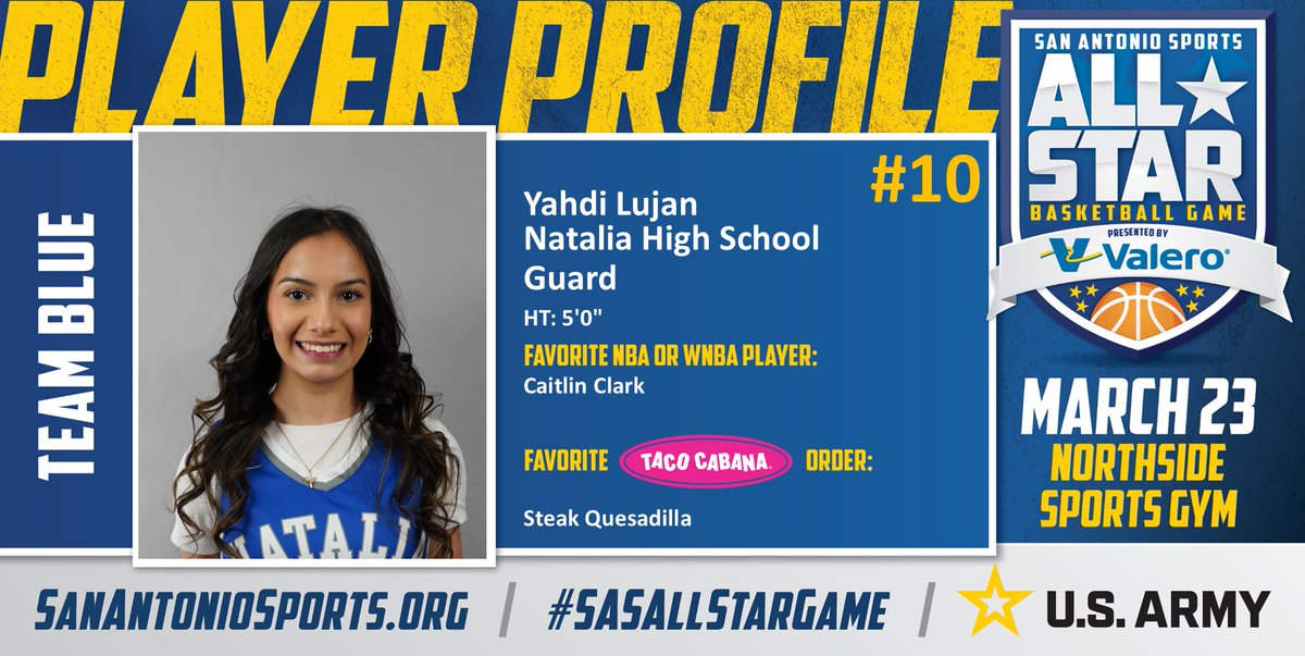 Meet <a href="/yahdii_ii/">yahdii</a> from <a href="/Natalia_High/">Natalia High School</a> who will compete in the San Antonio Sports All-Star Basketball game pres. by <a href="/ValeroEnergy/">Valero</a> at the Northside Sports Gym on March 23rd! #SASAllStarGame #BeAllYouCanBe <a href="/TacoCabana/">Taco Cabana</a> <a href="/ArmySanAntonio/">GoArmy San Antonio</a> <a href="/CaitlinClark22/">Caitlin Clark</a>

<a href="/NataliaSports/">Natalia Athletics</a>
<a href="/HoopsMustang/">LadyMustangHoops</a>
