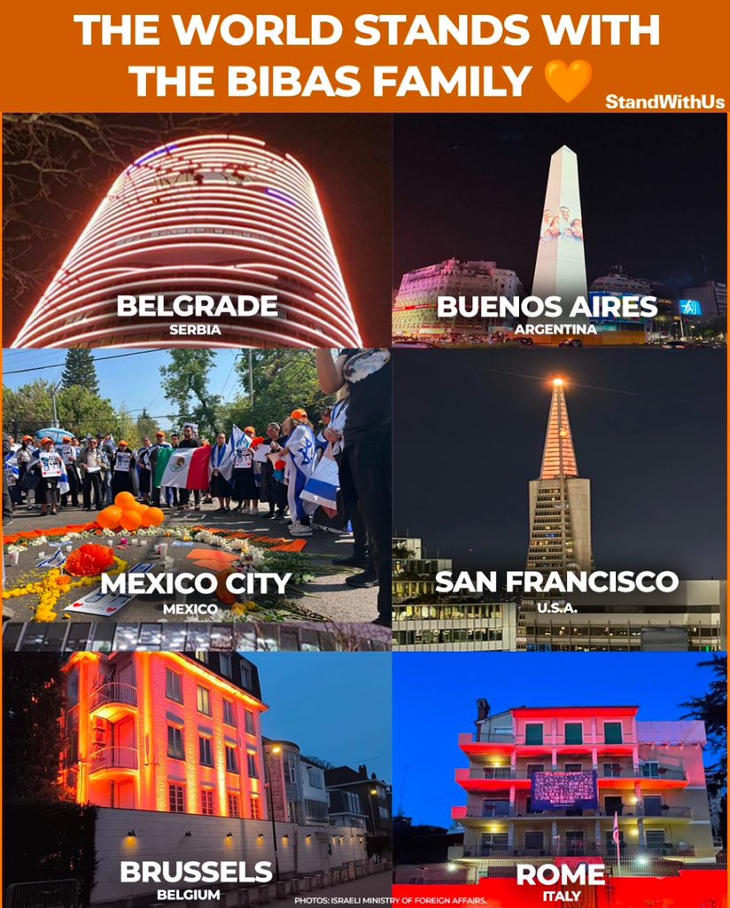 GabyLob's tweet image. El mundo se vuelve naranja para honrar la memoria de Shiri y sus dos hijos, Ariel y Kfir Bibas, brutalmente secuestrados y asesinados por terroristas palestinos en Gaza. Que sus memorias sean siempre una bendición.
