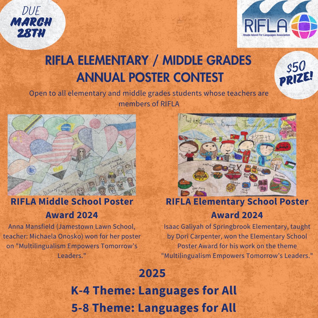World Language Teachers! 🎨🌍 RIFLA’s Poster Contest is here! Your students can win a $50 prize in one of two categories: K-4 or 5-8. These posters will be a powerful advocacy tool for language learning—

🗓 Deadline: March 28
📍 Enter &amp; Learn More: rifla.org/awards