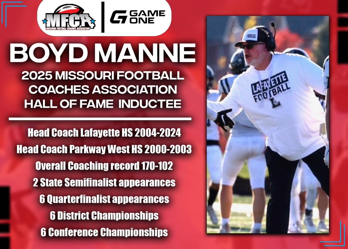 MOFBCA (@mofbca) on Twitter photo We conclude announcing our 2025 MOFBCA HOF inductees by honoring Boyd Manne, former HC of Lafayette HS (Wildwood) & new <a href="/BorgiaHS/">St. Francis Borgia High School</a> HC! Let’s congratulate Coach Manne on this honor & we look forward to his induction in December! <a href="/LafayetteLancer/">Lafayette Lancers</a> <a href="/LHS_Lancer_FB/">Lafayette Football</a> <a href="/borgia_football/">Borgia Football</a> We conclude announcing our 2025 MOFBCA HOF inductees by honoring Boyd Manne, former HC of Lafayette HS (Wildwood) & new <a href="/BorgiaHS/">St. Francis Borgia High School</a> HC! Let’s congratulate Coach Manne on this honor & we look forward to his induction in December! <a href="/LafayetteLancer/">Lafayette Lancers</a> <a href="/LHS_Lancer_FB/">Lafayette Football</a> <a href="/borgia_football/">Borgia Football</a>