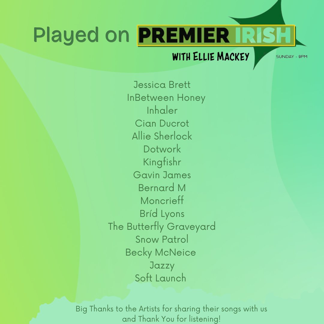 The Playlist from Premier Irish tonight with <a href="/ellie_mackey/">Ellie Mackey</a> 🎶 #playirish #irishradio