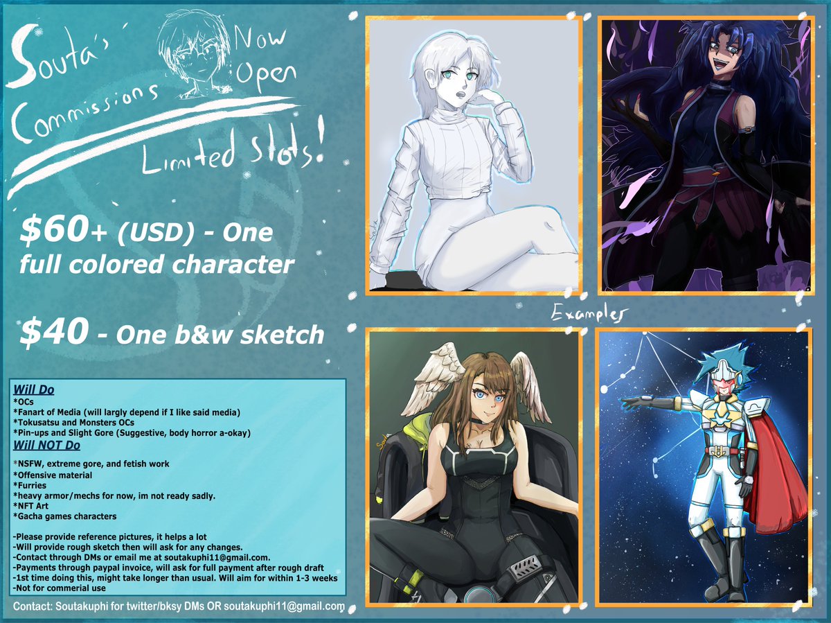 Soutakuphi's tweet image. opening some slots for requests, trying again.
5 slots available, not first-come-first-serve, will largely depend on my interests.
feel free to ask questions, but make sure that you're upfront and clear in your message, otherwise I'll assume that it's another bot.
