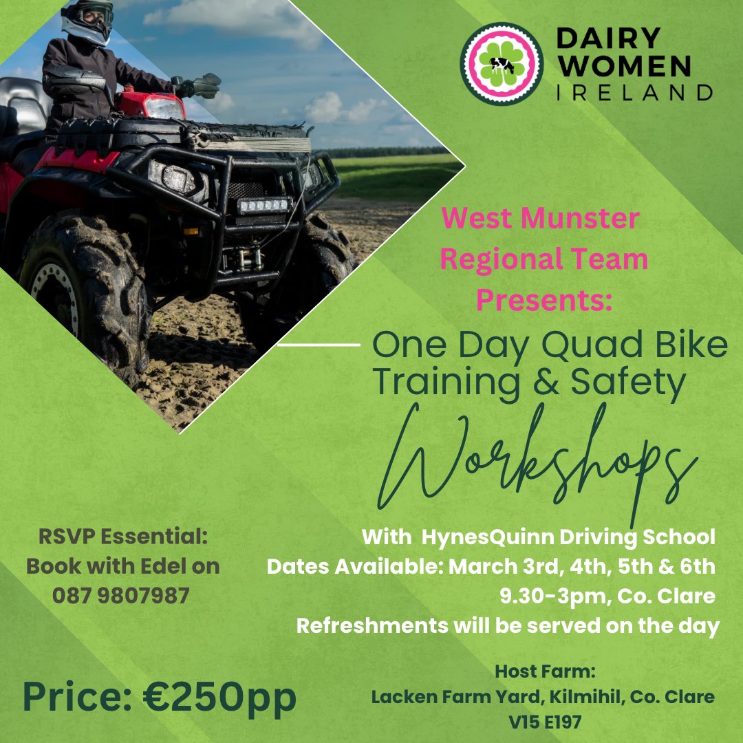 🚜 DWI Members-Only Quad Bike Course! 👩‍🌾
Learn quad bike skills &amp; safety, get certified for your HSA safety booklet, &amp; train with like-minded women!
📍 Lacken Farm Yard, Kilmihil
📅 March 3rd-6th | ⏰ 9:30 AM – 3 PM
💰 €250 | 📲 RSVP: Edel 087 9807987
Limited spots—book now!