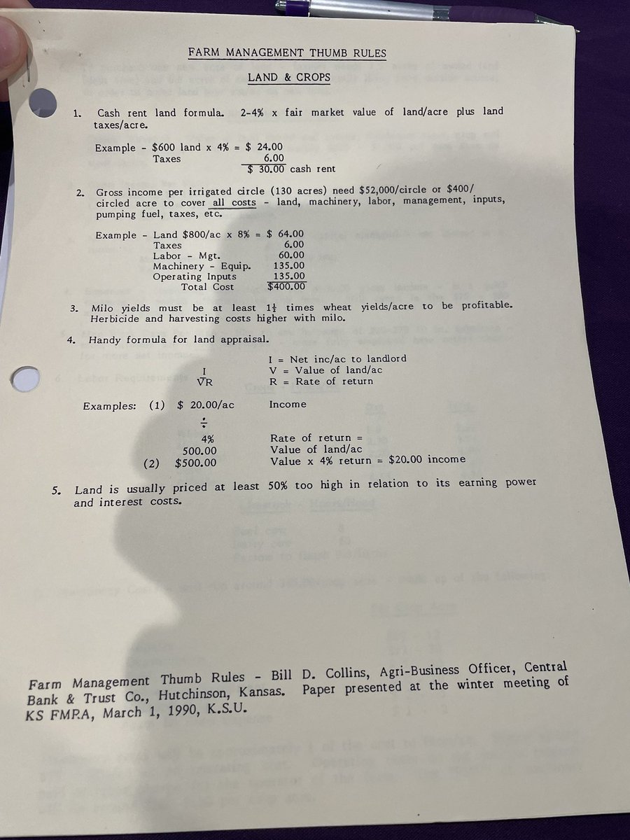 steveconaway1's tweet image. I attended a farm management conference last week and this paper from 1990 was passed around. Though it’s 35 years old and numbers have inflated significantly, the underlying “rules of thumb” are still applicable.

Numerous bullet points that are often hotly debated here on AgX.