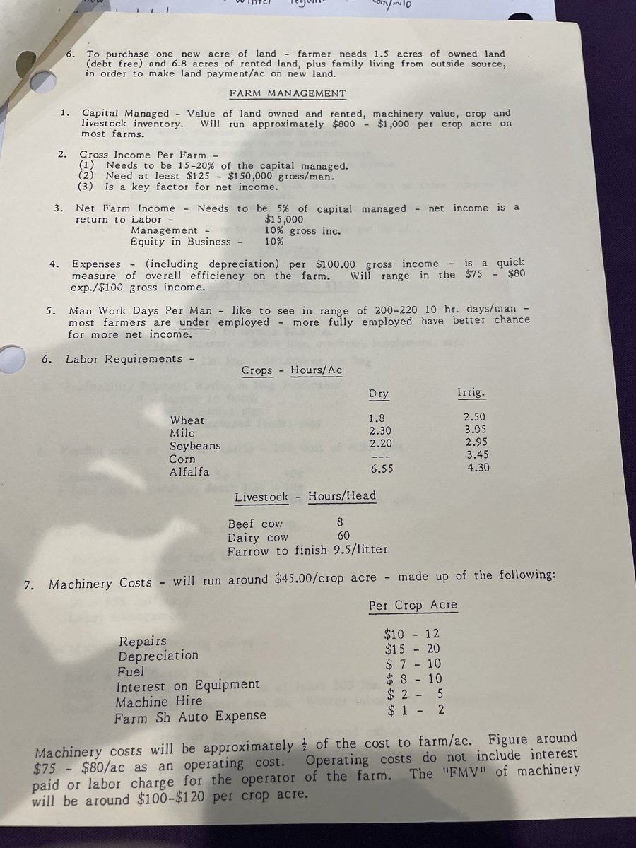 steveconaway1's tweet image. I attended a farm management conference last week and this paper from 1990 was passed around. Though it’s 35 years old and numbers have inflated significantly, the underlying “rules of thumb” are still applicable.

Numerous bullet points that are often hotly debated here on AgX.