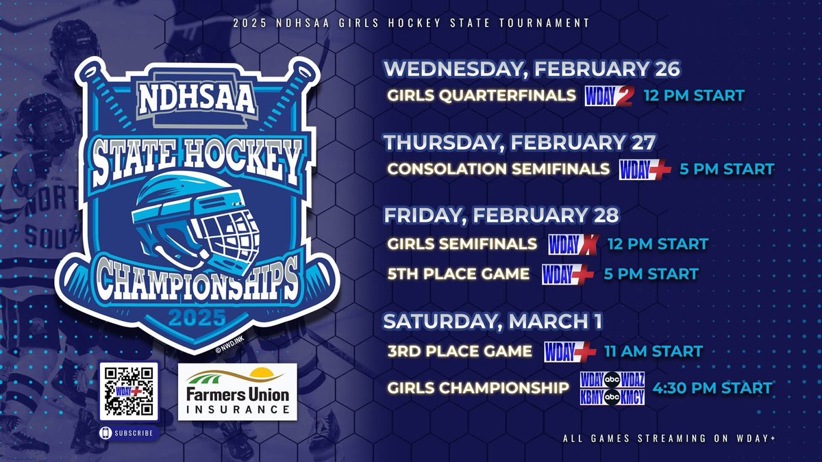 ND High School Hockey (@ndhshockey) on Twitter photo 2025 NDHSAA Girls Hockey State Tournament televised on WDAY | TV & LIVE VIDEO WEB STREAM BROADCAST DETAILS
#NDHSAA #NDpreps <a href="/WDAYSports/">WDAY Sports</a> 2025 NDHSAA Girls Hockey State Tournament televised on WDAY | TV & LIVE VIDEO WEB STREAM BROADCAST DETAILS
#NDHSAA #NDpreps <a href="/WDAYSports/">WDAY Sports</a>