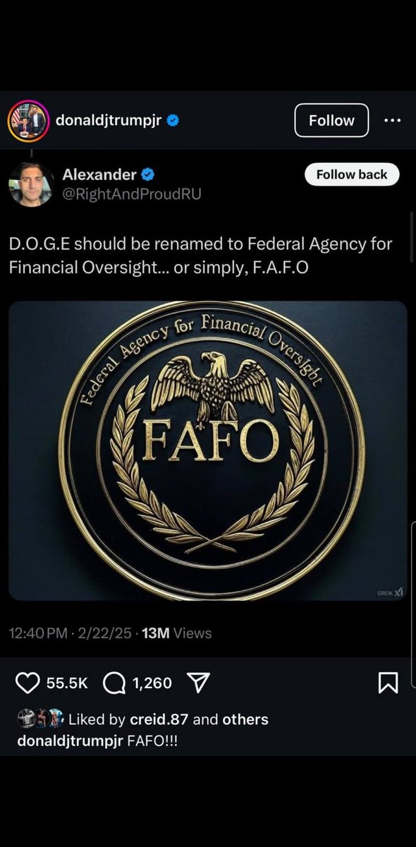 Federal Agency for Financial Oversight (Parody) (@fafoparody) on Twitter photo BOTH <a href="/EricTrump/">Eric Trump</a> and <a href="/DOGE/">Department of Government Efficiency</a> official IG accounts shilling the FAFO message!
This is HUGE! Only a matter of time before the result of the world finds out!
instagram.com/p/DGbhuVXRk9e/…
instagram.com/p/DGbJaFWS3bY/… BOTH <a href="/EricTrump/">Eric Trump</a> and <a href="/DOGE/">Department of Government Efficiency</a> official IG accounts shilling the FAFO message!
This is HUGE! Only a matter of time before the result of the world finds out!
instagram.com/p/DGbhuVXRk9e/…
instagram.com/p/DGbJaFWS3bY/…
