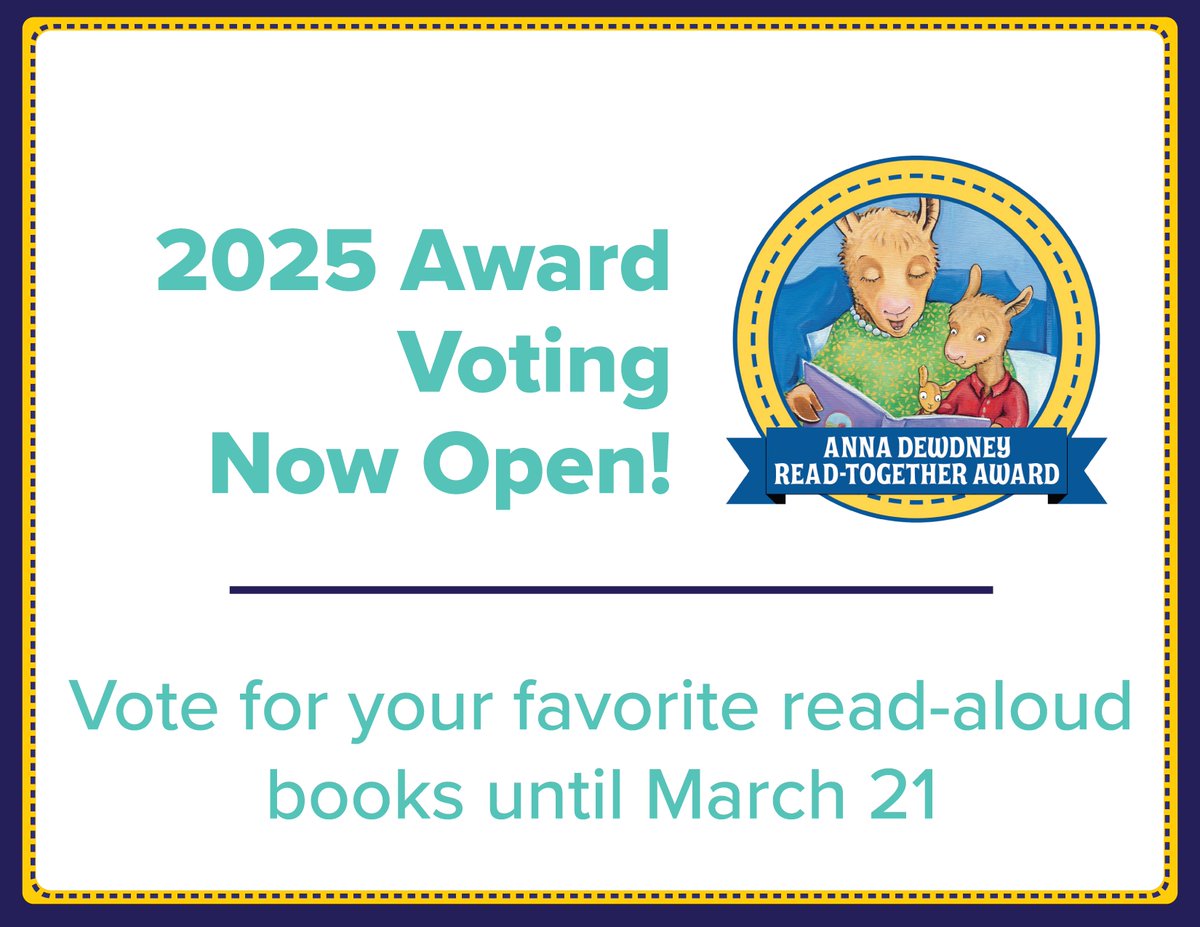 EveryChildRead's tweet image. NOW through March 21st, you can vote for one of the six finalists for the 2025 Anna Dewdney Read-Together Award!
Vote for your favorite read-aloud today: everychildareader.net/anna/
#AnnaDewdneyAward @penguinkids