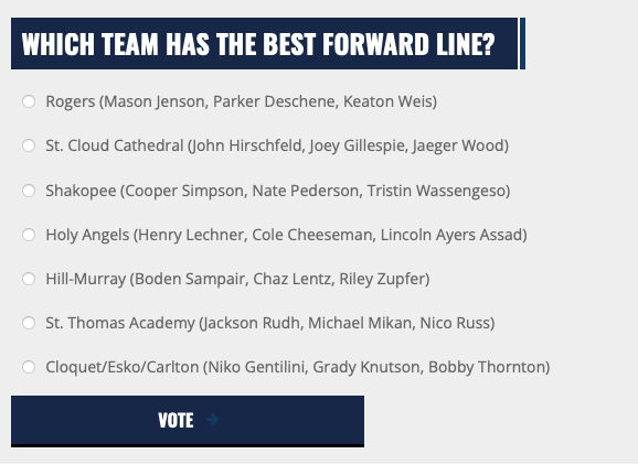 Legacy Hockey (@legacy_hockey) on Twitter photo Power Poll: Which team has the best forward line?
Go to Legacy.Hockey to cast your vote.
<a href="/rhs_boyshockey/">Rogers Royals Hockey</a>
<a href="/CHSPuckSquad/">Cathedral Hockey</a>
<a href="/SaberBoysHockey/">Saber Boys Hockey</a>
<a href="/HolyAngelsPuck/">Academy of Holy Angels Boys Hockey</a>
<a href="/HMBoysHockey/">Hill-Murray Hockey</a>
<a href="/Cadets_hockey/">STA Cadets Hockey</a>
<a href="/JacksHockey/">Lumberjack Hockey</a> Power Poll: Which team has the best forward line?
Go to Legacy.Hockey to cast your vote.
<a href="/rhs_boyshockey/">Rogers Royals Hockey</a>
<a href="/CHSPuckSquad/">Cathedral Hockey</a>
<a href="/SaberBoysHockey/">Saber Boys Hockey</a>
<a href="/HolyAngelsPuck/">Academy of Holy Angels Boys Hockey</a>
<a href="/HMBoysHockey/">Hill-Murray Hockey</a>
<a href="/Cadets_hockey/">STA Cadets Hockey</a>
<a href="/JacksHockey/">Lumberjack Hockey</a>