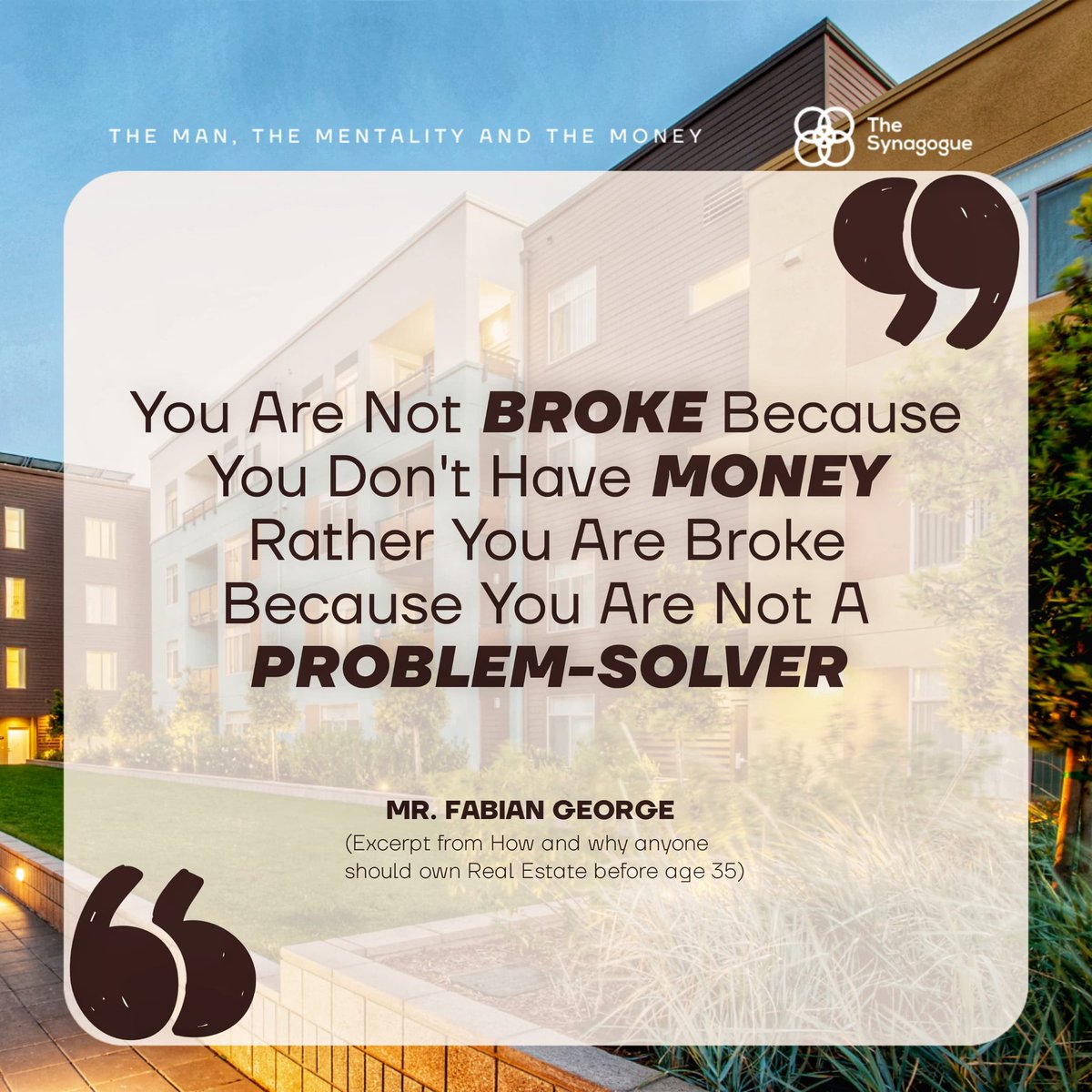 Thesynagogue_'s tweet image. Huge thanks to @Fabian__George for sharing his expertise on real estate ownership before 35!  Below are some of the valuable insights shared. What was your biggest takeaway? Share in the comments! 

#TheManTheMentalityAndTheMoney
#TelegramLive
#Coaching
#RealEstate 

1/2