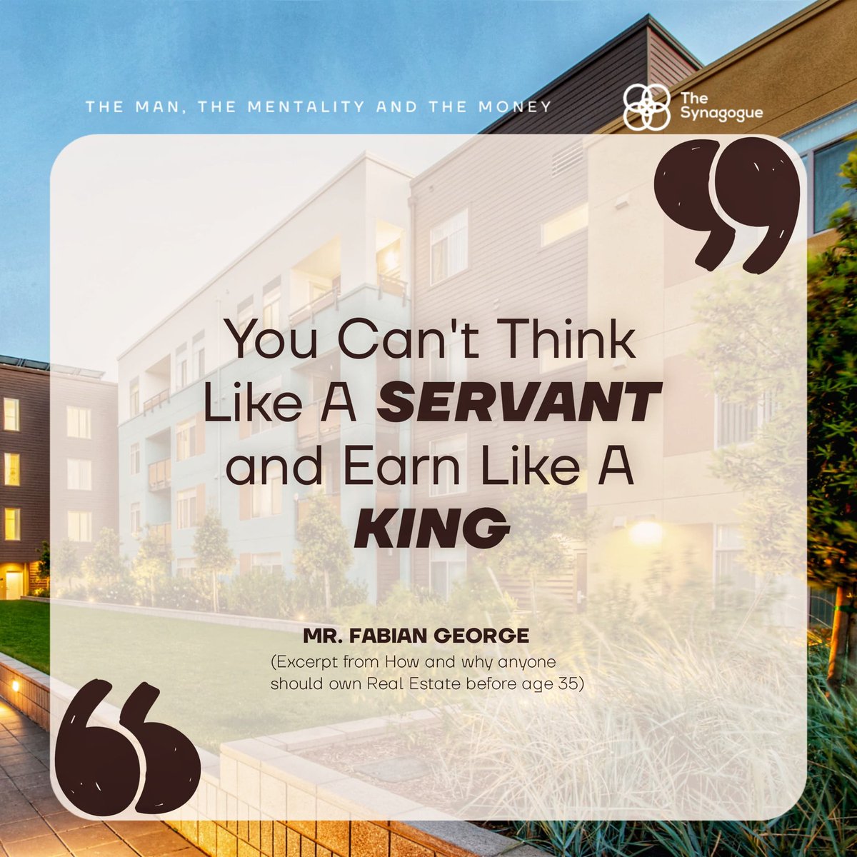 Thesynagogue_'s tweet image. Huge thanks to @Fabian__George for sharing his expertise on real estate ownership before 35!  Below are some of the valuable insights shared. What was your biggest takeaway? Share in the comments! 

#TheManTheMentalityAndTheMoney
#TelegramLive
#Coaching
#RealEstate 

1/2