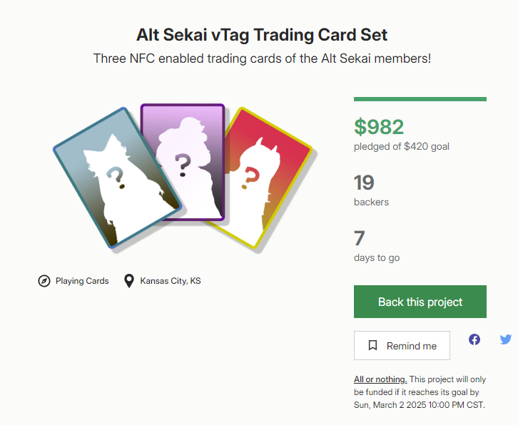 TairiVT's tweet photo. Support on the Trading Cards of my VTuber Group has been incredible, we are $18 shy of $1k!  If we reach $1k, everyone who pledged in the $50 or higher tiers will receive, on top of the three cards, a mega sized card with the full group art!

Support Here:
https://t.co/veZ1hGffIx https://t.co/81tg57ATVs