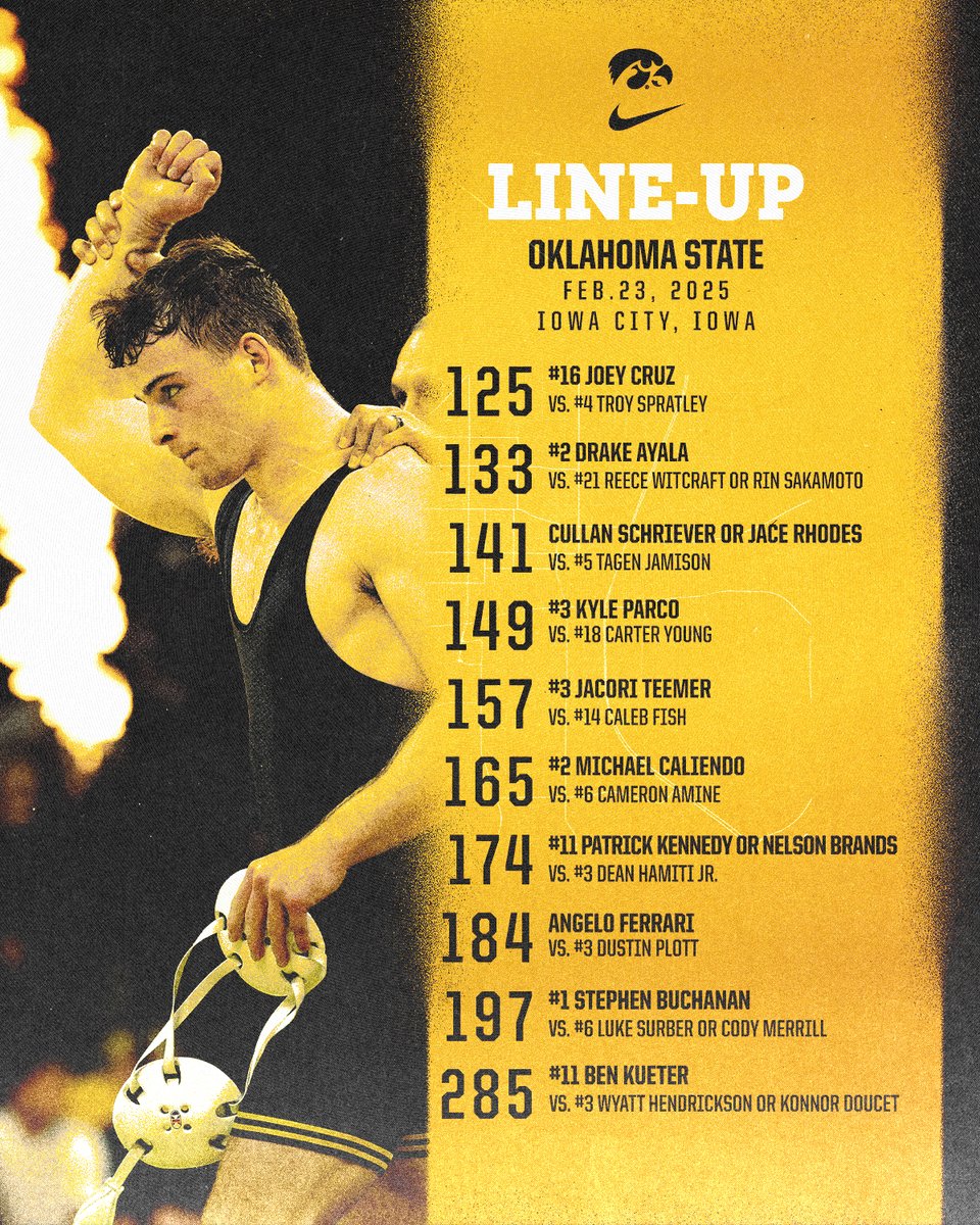 Tonight's dual will start at 125 pounds.

⏰: 7:30PM (CT)
📺: BTN
📻 : KXIC/Hawkeye Radio Network
📊: spr.ly/6011LJTOx

#Hawkeyes