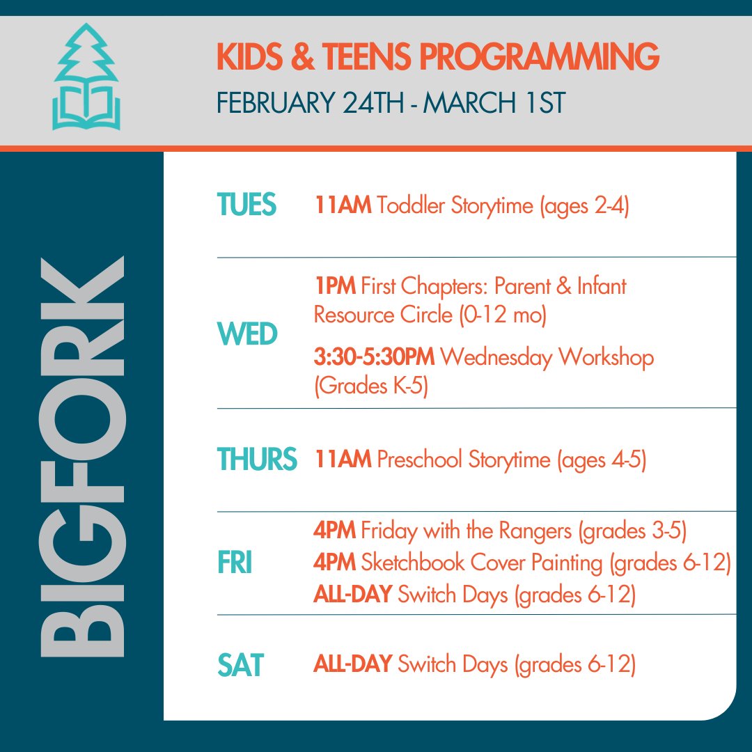 Here are this weeks programs for Kids &amp; Teens! Join us for Storytimes, Switch Days and more at all three Flathead County Library locations.
