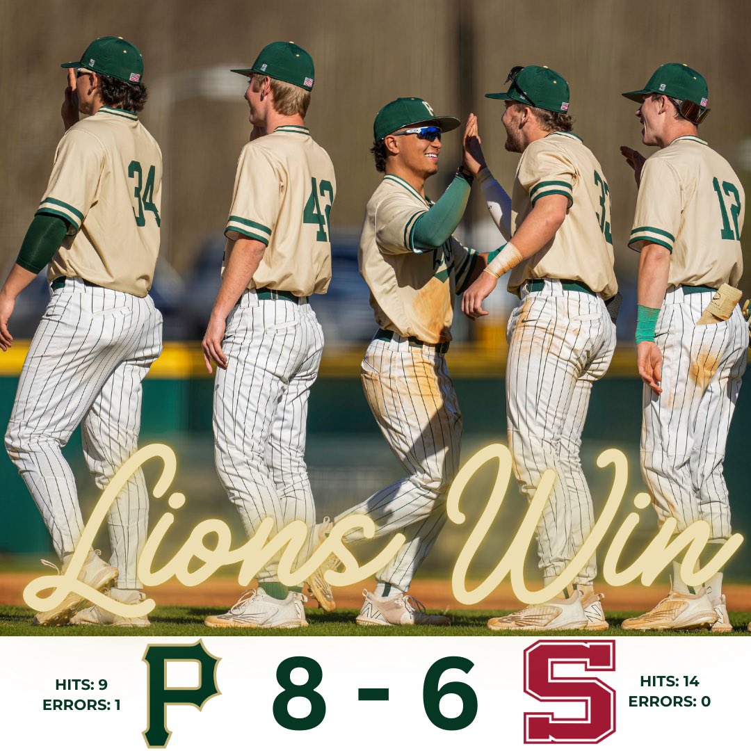 LIONS SWEEP IN KANNAPOLIS! 🧹 

Lions take down Swarthmore 8-6 in game 3.

Bryson 1.1 IP, 0 R, 1 K
Randolph (W) 0.2 IP, 0 R, 2 K
Simms (S, 4) 2.1 IP, 0 R, 5 K🔒
Ellis 2-5, RBI 2B, 2 R, SB
Ryan 2-5, 2 2B, 3 RBI, 1 R
Few 2-5, 1 RBI

Lions play at home Tuesday at 4pm. Go Lions! 🦁