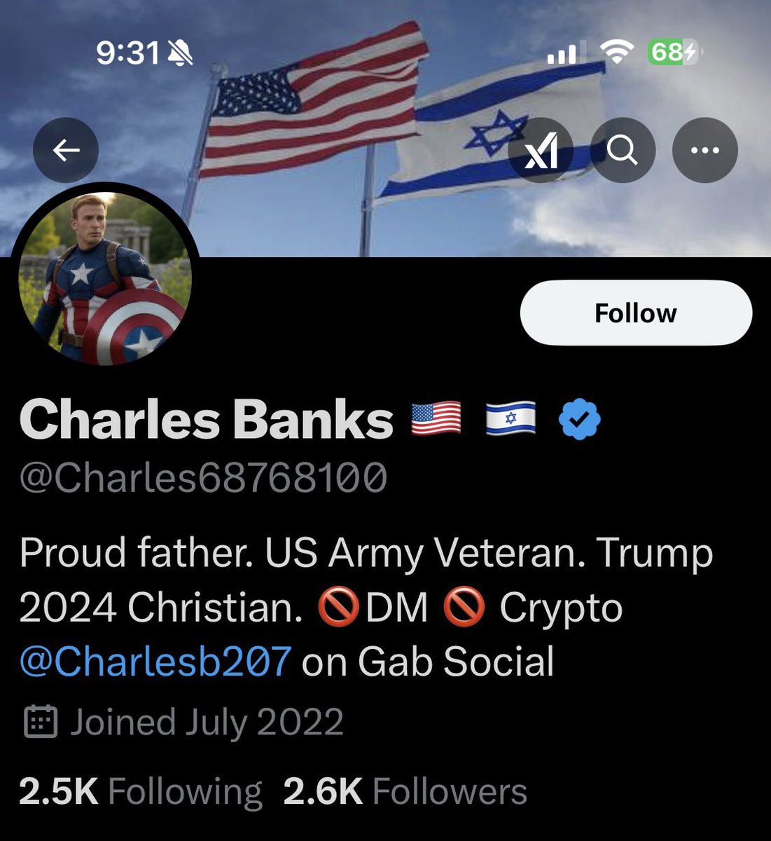 Please give <a href="/Charles68768100/">Charles Banks 🇺🇸 🇮🇱</a> a follow and a repost or shoutout to show our gratitude for his service.

US Army Veteran 

Thank you for your service.  We appreciate you.

*These shoutouts are unsolicited and a show of gratitude and respect and are not a request for a follow back.
