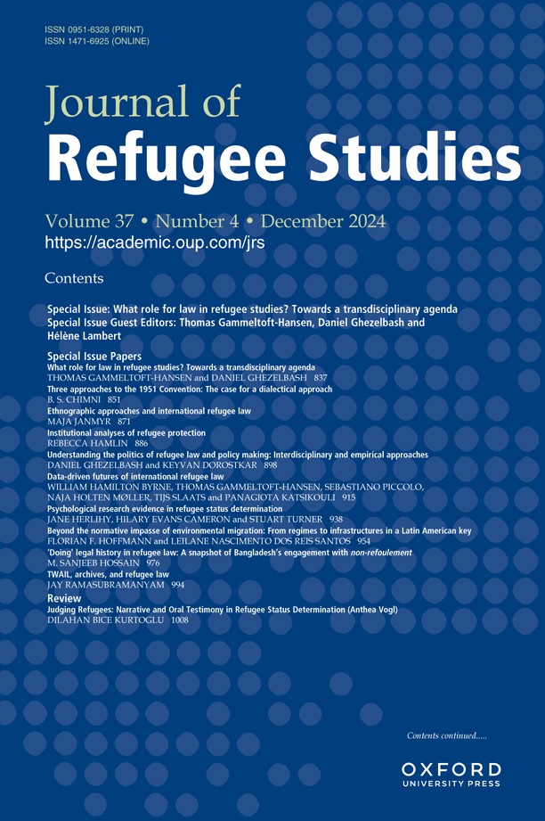 Daniel Ghezelbash (@danghez) on Twitter photo 🔥Full volume out now: 'What role for law in refugee studies? Towards a transdisciplinary agenda' - our special issue in <a href="/JRefugeeStudies/">Journal of Refugee Studies</a> (w/ the amazing
<a href="/tgammeltoft/">Thomas Gammeltoft-Hansen</a> and Helen Lambert)
…oup-com.wwwproxy1.library.unsw.edu.au/jrs/issue/37/4 🔥Full volume out now: 'What role for law in refugee studies? Towards a transdisciplinary agenda' - our special issue in <a href="/JRefugeeStudies/">Journal of Refugee Studies</a> (w/ the amazing
<a href="/tgammeltoft/">Thomas Gammeltoft-Hansen</a> and Helen Lambert)
…oup-com.wwwproxy1.library.unsw.edu.au/jrs/issue/37/4