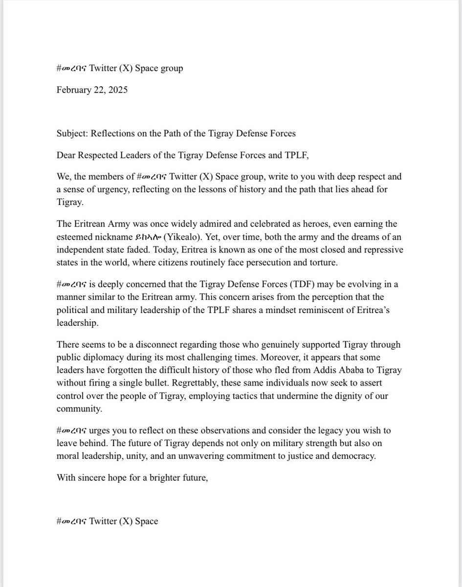 ✨Reflections on the Path of the Tigray Defense Forces

✨ Dear Respected Leaders of the Tigray Defense Forces and TPLF,

✨ We, the members of #መረባና Twitter (X) Space group, write to you with deep respect and a sense of urgency

#Justice4Tigray 
<a href="/reda_getachew/">Getachew K Reda</a> <a href="/HailuKebede_/">Hailu Kebede</a>