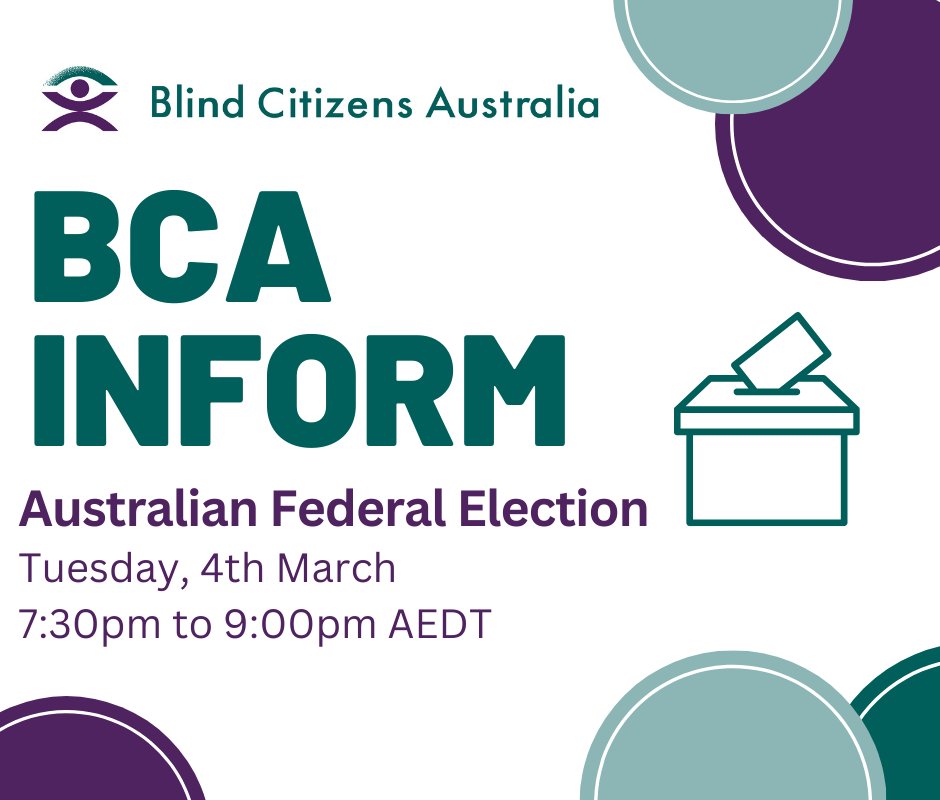 Join us for a critical discussion on the Federal Election!

Facilitated by the BCA President &amp; Senior Policy Officer, we’ll explore how political changes impact disability policies and advocacy.

Info: Tuesday, 4th March. 7:30pm to 9:00pm AEDT.

Register: bit.ly/4bdU2Vo