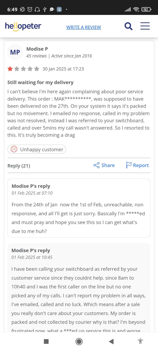 ModiseJPhokane's tweet photo. It's a month now I haven't received help from Makro, never called me to tell me how long their escalation will take, doesn't respond to any of my email not even @hellopeter https://t.co/DtKJ7rZ8A5