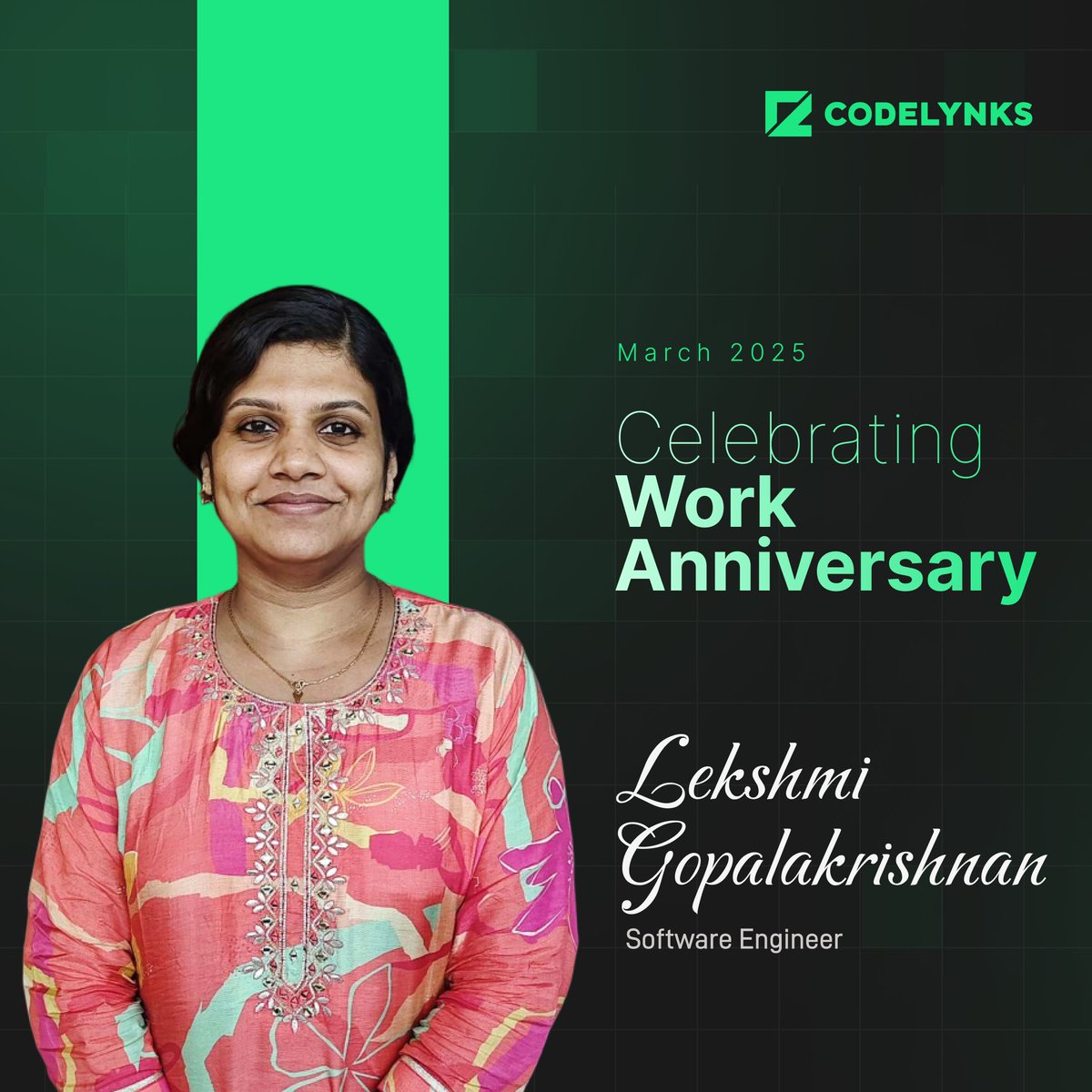 Codelynks's tweet image. 🎉 Celebrating Lakshmi G’s Work Anniversary at #Codelynks! 🌟
Thank you, Lakshmi, for your outstanding teamwork &amp;amp; dedication!
📌 Follow us: linkedin.com/company/codely…
🚀 Careers: codelynks.com/careers

#WorkAnniversary #TeamPlayer #ThankYouLakshmi
