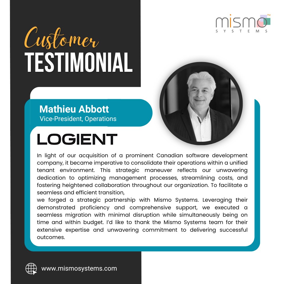 MismoSystems's tweet photo. We’re proud to share this heartfelt testimonial from our valued client, Mathieu Abbott of Logient! ✨
Thank you for choosing Mismo Systems to be a part of your incredible journey.🌟

#MismoSystems #CustomerSuccess #Testimonial #ClientFeedback #PartnerAppreciation #Innovations https://t.co/ZFU4SOMJO3