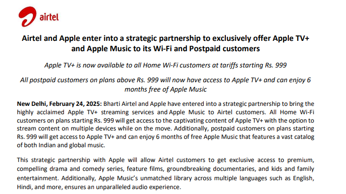 sanjeev_chesi's tweet image. Airtel and Apple enter into a strategic partnership to exclusively offer Apple TV+ and Apple Music to its Wi-Fi and Postpaid customers #postpaid #plan @Apple @AppleMusic @AppleTV @bhartiairtelfdn #partnership @aseemmanchanda