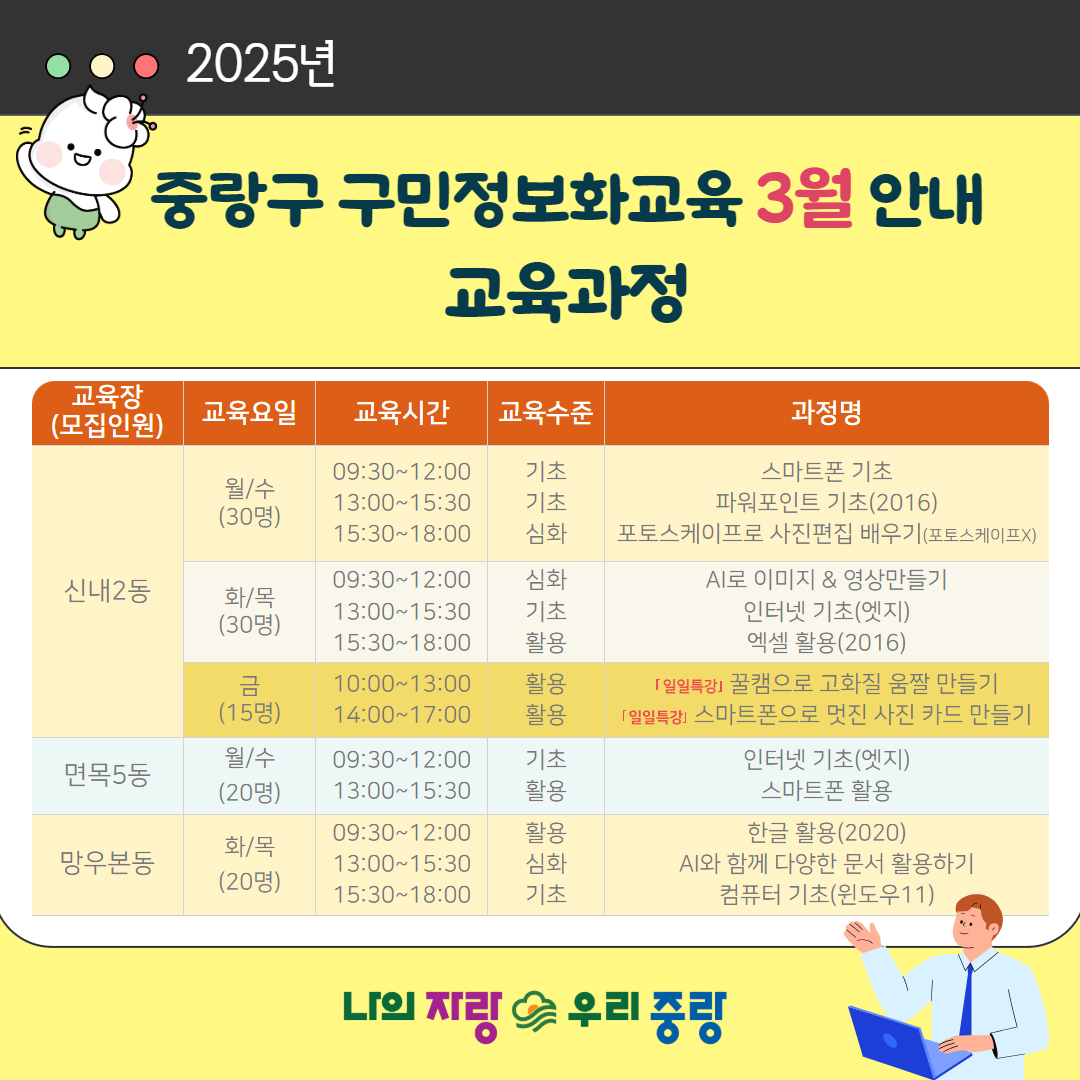 JungNang_Gu's tweet image. [🖥️ 3월 중랑구 구민정보화교육 안내드립니다]

📌 3월 중랑구 구민정보화교육​​​에서
스마트폰, 컴퓨터, 인터넷, AI 등
관련 교육을 다양한 수준으로 만나보세요~

🔽 교육 신청 페이지 🔽
m.site.naver.com/1xRQj
※ 2월 25일(화) 9시부터 신청

#중랑구 #정보화교육
#중랑구_구민정보화교육