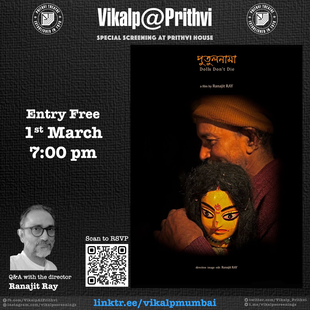 Vikalp_Prithvi's tweet image. March 1: Watch 'Putulnama' ('Dolls Don't Die') followed by an online Q&A with Ranajit Ray.
RSVP at facebook.com/events/1553723…
(@scribe9104 @CurieuxExplorer @MrSadanand @PoojaPriyam_ @BengalMafia @hellwala @Amtul_haadi @vmingoa @SanjoyRoyTWA @avantinagral @VikasSwarup @HrishiKay)
