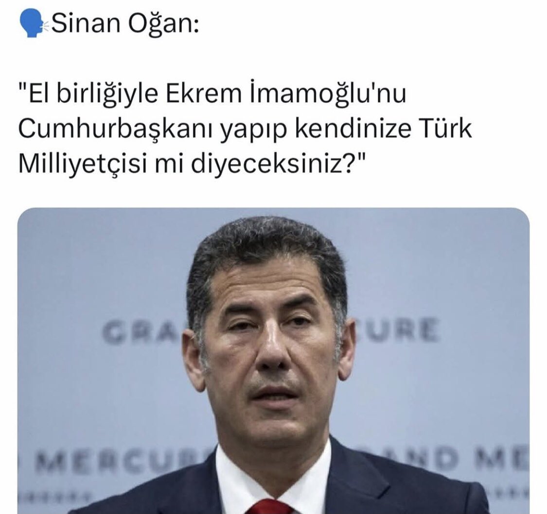 Gördüğüm lüzum üzere 
Siyasetin,gerçek yüzünü ortaya çıkardığı bir vatandaşı görmenizi istiyorum🤭

Bizler Türk milliyetçiliğinden ziyade,VATAN sever Aydınlar olarak 
Eko'yu Cumhurbaşkanı yapacağız.

İmamoğlu sana milyon gömlek büyük gelir...

Kırk gün,bir gün...
